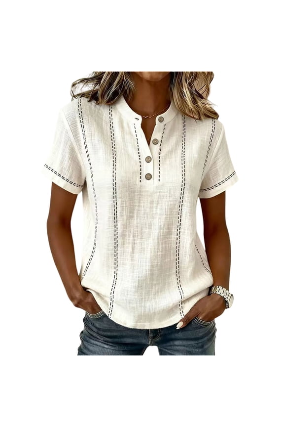 Womens Cotton Linen Shirts Summer Trendy Short Sleeve V-Neck Tops Button Down Tees Casual Clothes 2026
