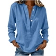 thumbnail image 1 of Womens Cotton Linen Shirts V Neck Button Down Long Sleeve Tops Casual Loose Fit Beach Vacation Summer Clothes, 1 of 5