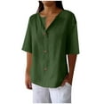 thumbnail image 1 of Womens Cotton Linen Shirts V Neck Button Down Short Sleeve Blouse Loose Casual Solid Color Tops Work Holiday Party Outfits with Pocket, 1 of 5