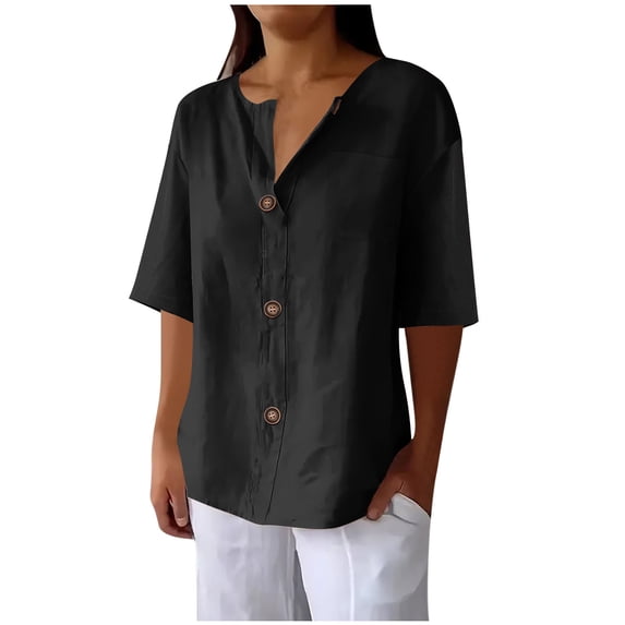 Womens Cotton Linen Shirts V Neck Button Down Short Sleeve Blouse Loose Casual Solid Color Tops Work Holiday Party Outfits with Pocket