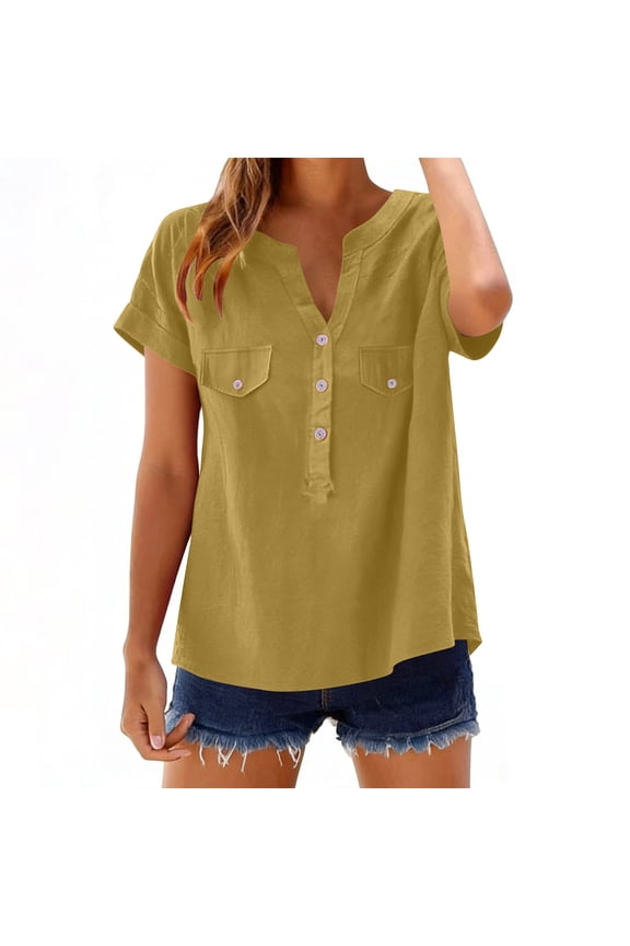 Womens Cotton Linen Shirts V Neck Short Sleeve Blouses Loose Button Down Henley Shirt Casual Comfort Work Tops