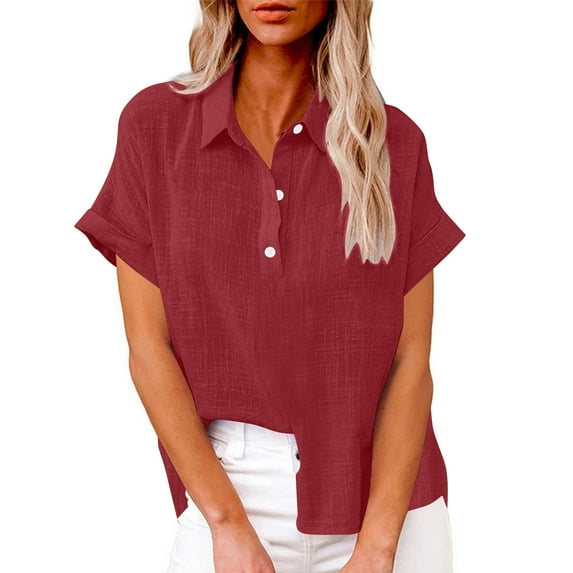 Womens Cotton Linen Short Sleeve Button Down Henley Shirts Solid Color V-Neck Loose T-Shirt Burgundy