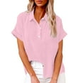 thumbnail image 1 of ZQUUVOU Womens Cotton Linen Short Sleeve Button Down Henley Shirts Solid Color V-Neck Loose T-Shirt Pink, 1 of 6