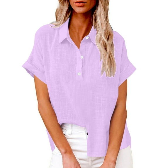 Womens Cotton Linen Short Sleeve Button Down Henley Shirts Solid Color V-Neck Loose T-Shirt Purple