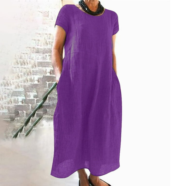 Savings Womens Cotton Linen Short Sleeve Dress Solid Color Boat