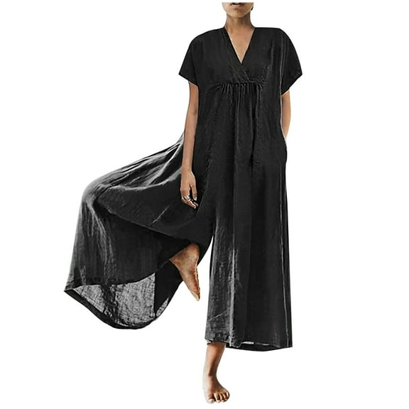 Womens Cotton Linen Short Sleeve Jumpsuits V Neck Baggy Plus Size Wide Leg Palazzo Cropped Culottes Pants Casual Rompers