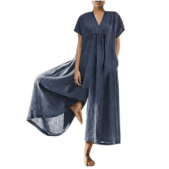 Womens Cotton Linen Short Sleeve Jumpsuits V Neck Baggy Plus Size Wide Leg Palazzo Cropped Culottes Pants Casual Rompers