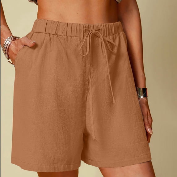 Womens Cotton Linen Shorts Casual Drawstring Shorts Stretch Summer Beach Wear Coffee S