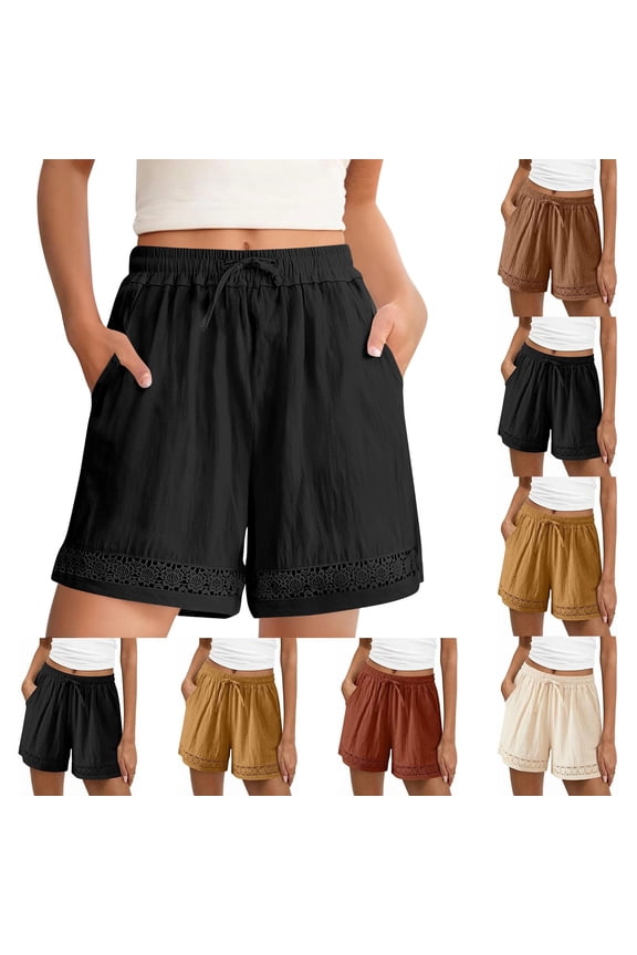 Womens Cotton Linen Shorts Casual Summer Solid Gauze Shorts Drawstring Waist Hollow Out Lace Patchwork Beach Short Black XXL