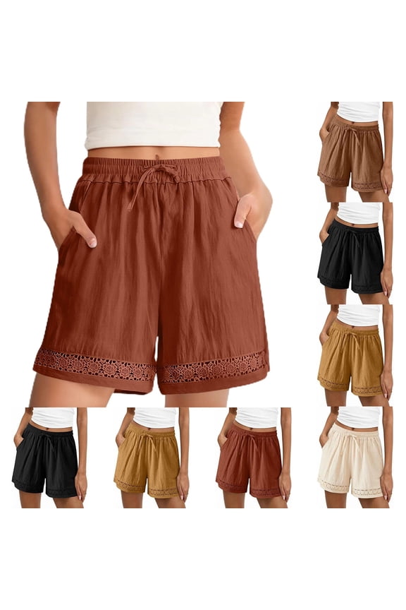 Womens Cotton Linen Shorts Casual Summer Solid Gauze Shorts Drawstring Waist Hollow Out Lace Patchwork Beach Short Coffee XXL