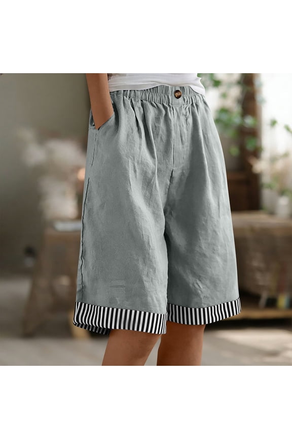 Womens Cotton Linen Shorts Elastic Mid Waisted Straight Leg Striped Bermuda Summer Short with Pockets Mothers Day Gifts
