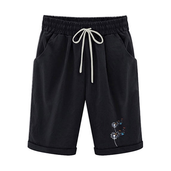 Womens Cotton Linen Shorts Elastic Waist Drawstring Print Knee Length Shorts Casual Loose Loungewear Shorts with Pockets