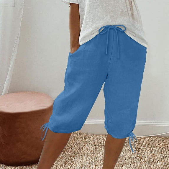 Womens Cotton Linen Shorts Mid Rise Drawstring Elastic Waisted Straight Leg Summer Bermuda Short for Women with Pockets