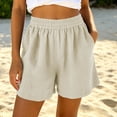 thumbnail image 1 of Womens Cotton Linen Shorts Straight Wide Leg Elastic Mid Rise Waisted Summer Lightweight Short with Pockets, 1 of 7