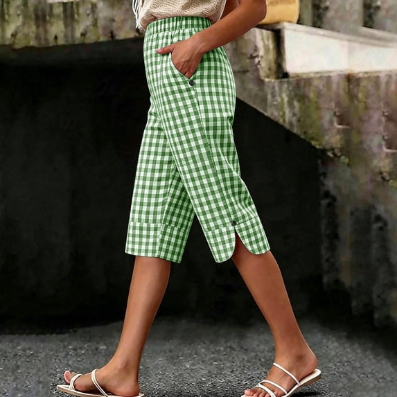 Womens Cotton Linen Shorts Summer Lightweight Straight Leg Elastic Mid Waisted Plaid Printed Bermuda Short for Women with Pockets