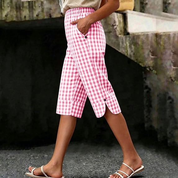 Womens Cotton Linen Shorts Summer Lightweight Straight Leg Elastic Mid Waisted Plaid Printed Bermuda Short for Women with Pockets