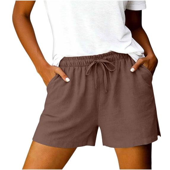 Womens Cotton Linen Shorts with Pockets Mid Rise Drawstring Elastic Waisted Straight Leg Side Split Short for Women