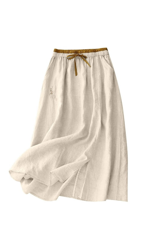 Womens Cotton Linen Skirts Summer Casual Loose Drawstring Embroidered Flowy Midi Skirt with Pockets Beige, XXL