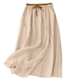 thumbnail image 1 of Womens Cotton Linen Skirts Summer Casual Loose Drawstring Embroidered Flowy Midi Skirt with Pockets Khaki, M, 1 of 7