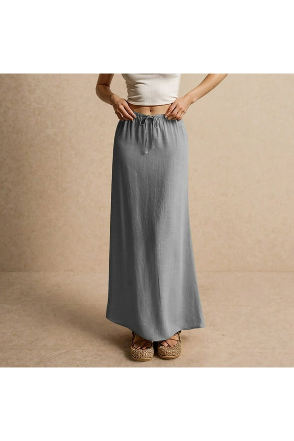 Cotton Linen Skirts for Women Maxi Length Summer Skirts Drawstring Low Rise A-Line Casual Loose Flowy Long Beach Skirt Gray M