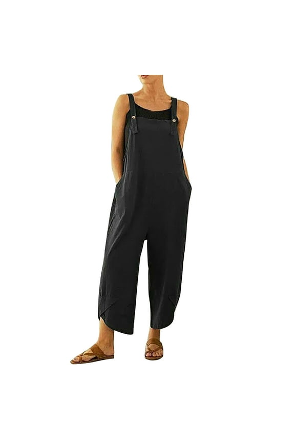 Womens Cotton Linen Sleeveless Bib Overalls Casual Baggy Printed Wide Leg Capri Romper Summer Jumpsuits with Pockets