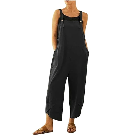 Womens Cotton Linen Sleeveless Bib Overalls Casual Baggy Printed Wide Leg Capri Romper Summer Jumpsuits with Pockets