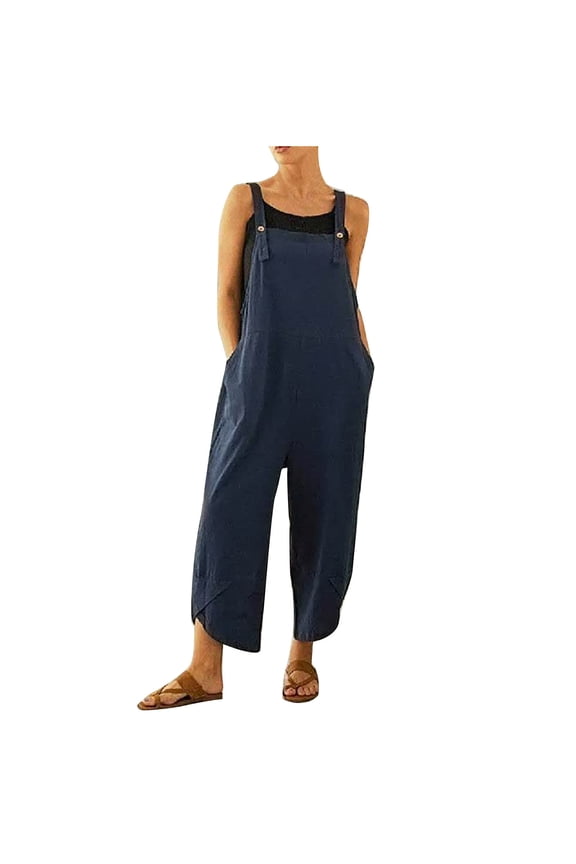 Womens Cotton Linen Sleeveless Bib Overalls Casual Baggy Printed Wide Leg Capri Romper Summer Jumpsuits with Pockets