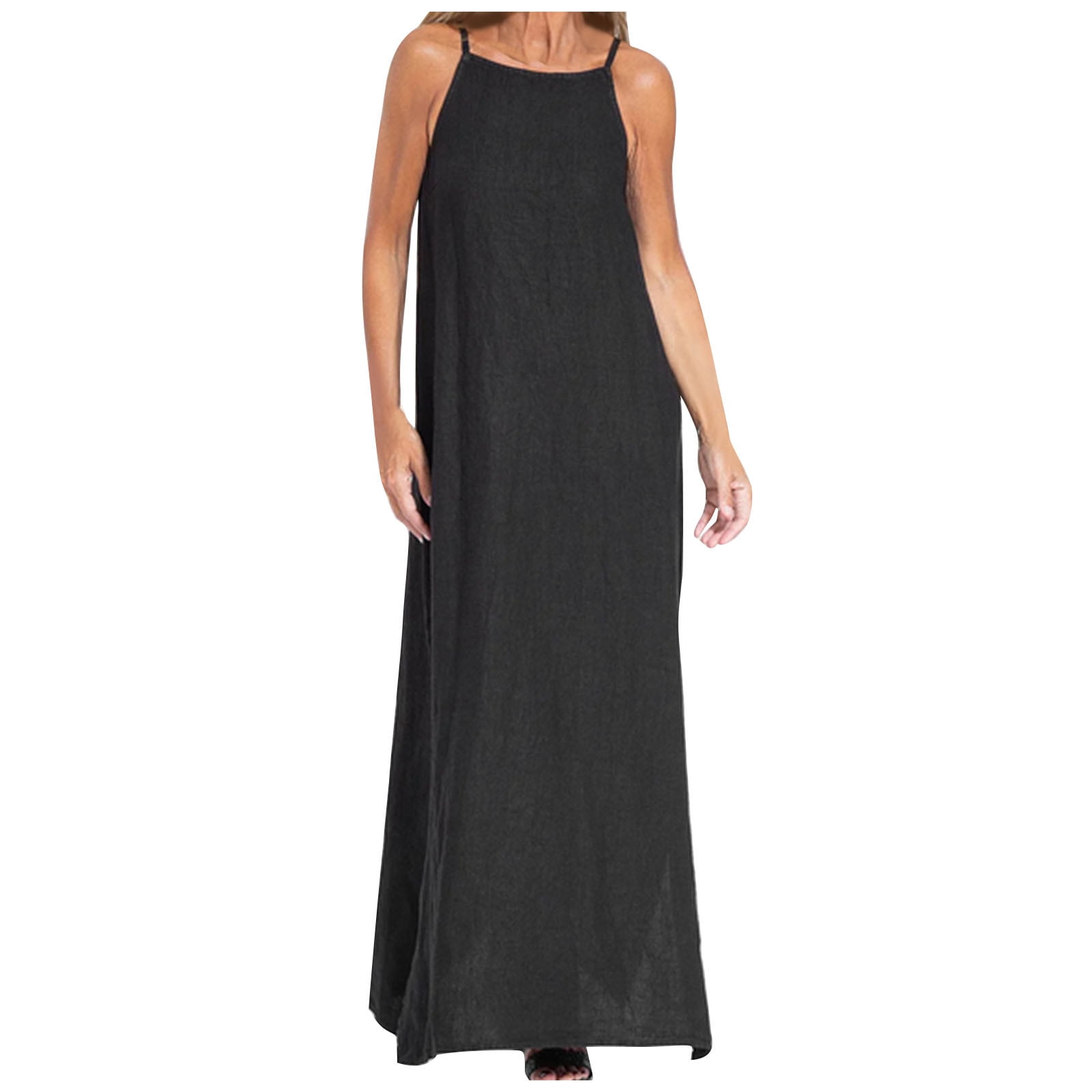 Womens Cotton Linen Sleeveless Maxi Dress Spaghetti Strap Slit Summer Loose  Beach Long Shift Dress Black XXXL - Walmart.com