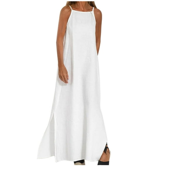 Womens Cotton Linen Sleeveless Maxi Dress Spaghetti Strap Slit Summer Loose Beach Long Shift Dress White M
