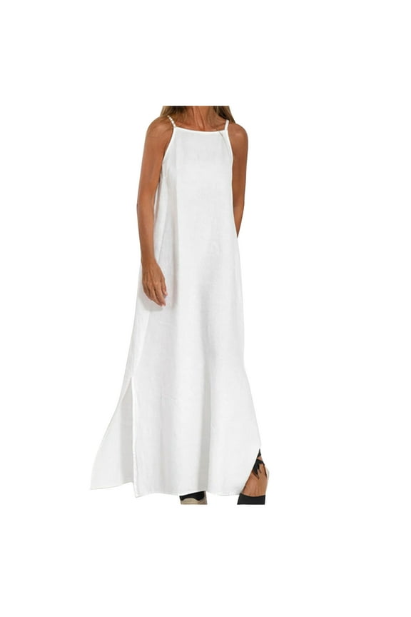 Womens Cotton Linen Sleeveless Maxi Dress Spaghetti Strap Slit Summer Loose Beach Long Shift Dress White M