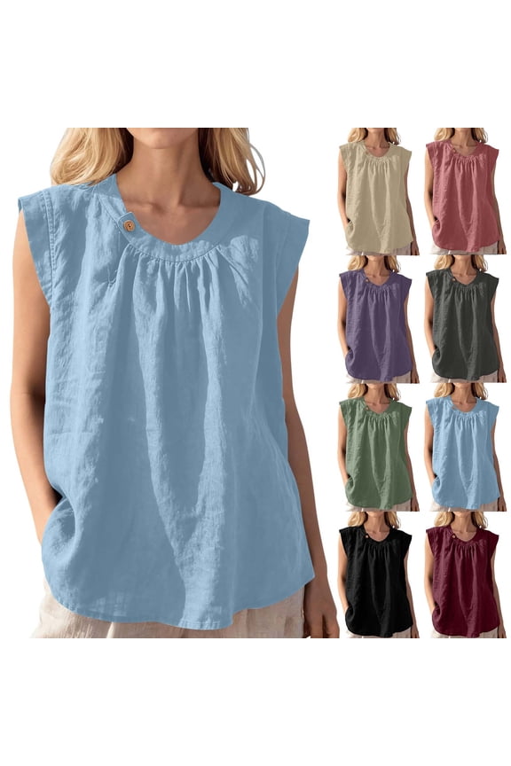 Womens Cotton Linen Sleeveless Shirts Pleated Front, Casual Loose Flowy Blouse Button Decor Round Neck Summer Basic Clothes for Daily Outings Curved Hem Tunic Outfits 2026