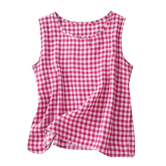 Womens Cotton Linen Sleeveless Tank Top Round Neck Casual Gingham Check Blouse Lightweight Breathable Spring Summer Beach and Vacation Wear