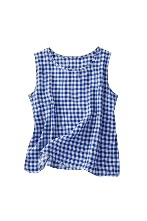 Womens Cotton Linen Sleeveless Tank Top Round Neck Casual Gingham Check Blouse Lightweight Breathable Spring Summer Beach and Vacation Wear
