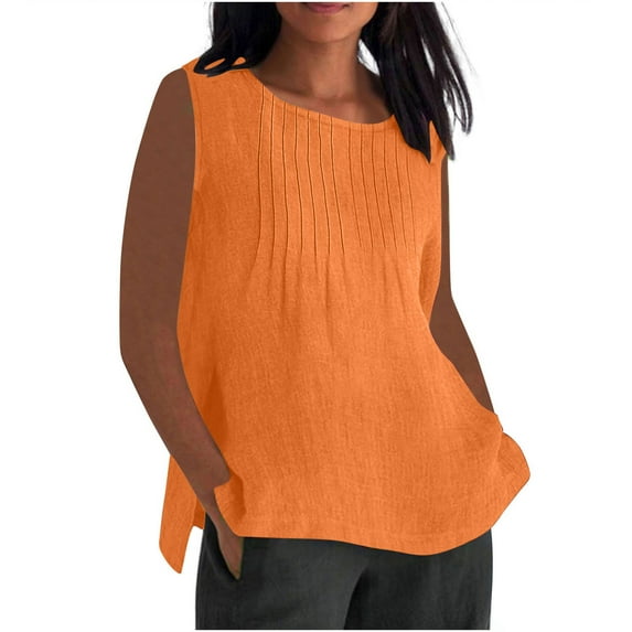 Womens Cotton Linen Sleeveless Tops,Solid Color Pleated Crewneck Tank, Plus Size Summer Shirts with Side Slit Camisoles for Women Orange 4XL