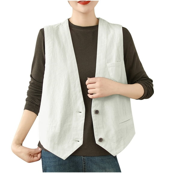 Womens Cotton Linen Sleeveless Vest Retro V-Neck Lightweight Waistcoat for Office Casual Wear with Pockets in Neutral Tones