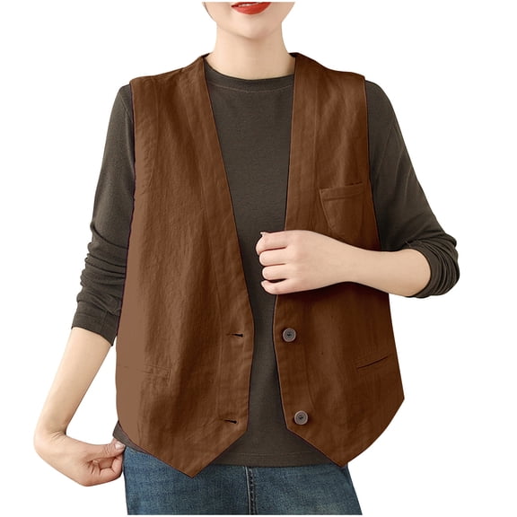 Womens Cotton Linen Sleeveless Vest Retro V-Neck Lightweight Waistcoat for Office Casual Wear with Pockets in Neutral Tones
