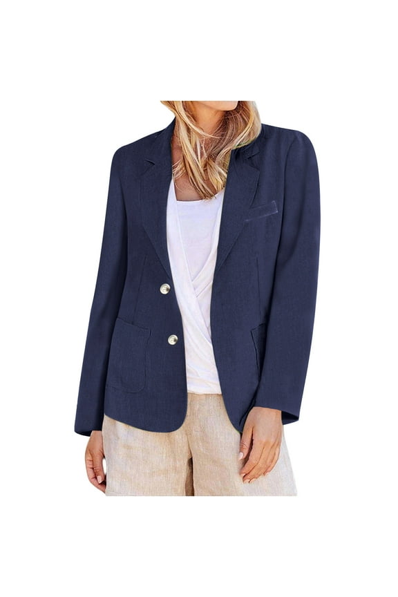 Womens Cotton Linen Suit Jackets Casual Long Sleeve Button Lightweight Blazer Turndown Collar Jacket with Pockets Blue XXXL