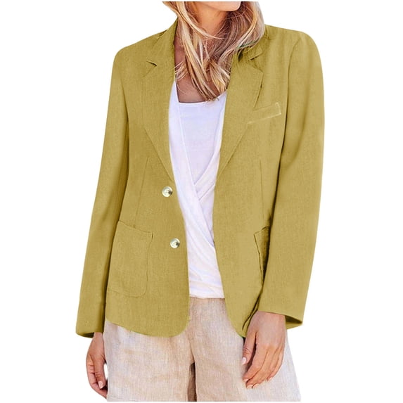 Womens Cotton Linen Suit Jackets Casual Long Sleeve Button Lightweight Blazer Turndown Collar Jacket with Pockets Gold XXL