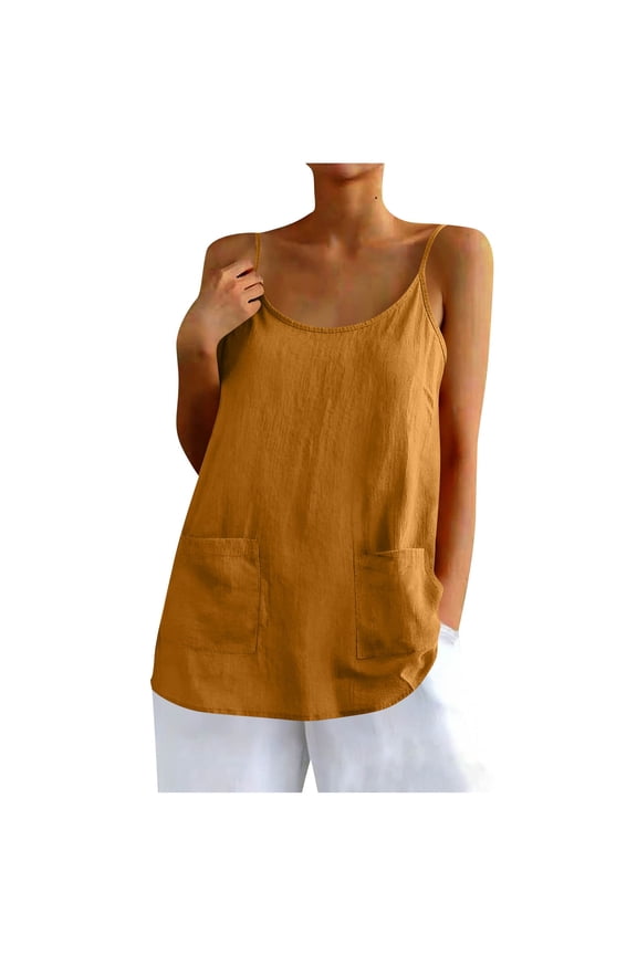 Womens Cotton Linen Summer Top, Camisoles for Women Casual Vintage Loose Fit Solid Color V Neck Spaghetti Strap Cami Tops with Pockets