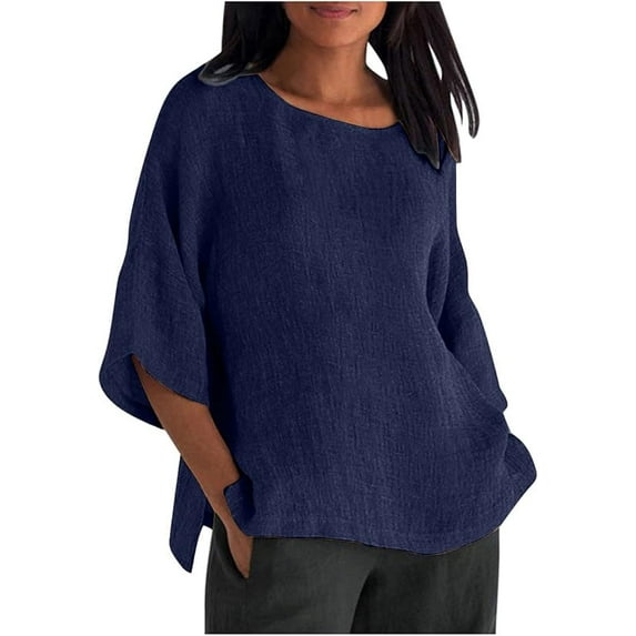 Womens Cotton Linen Summer Tops 3/4 Length Sleeve Fall Crewneck Tunic Blouses Gauze Boho TShirt Trendy Loose Fit Clothing Casual Three Quarter Sleeve Shirts Beach Vacation Tees