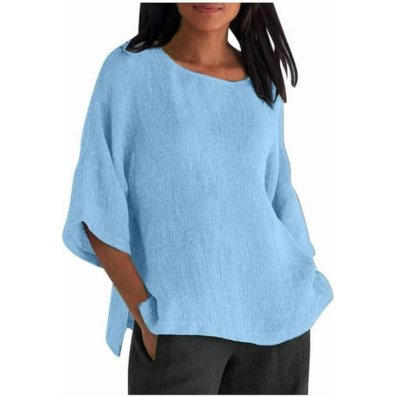 Womens Cotton Linen Summer Tops 3/4 Length Sleeve Fall Crewneck Tunic Blouses Gauze Boho TShirt Trendy Loose Fit Clothing Casual Three Quarter Sleeve Shirts Beach Vacation Tees
