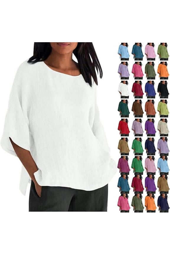 Womens Cotton Linen Summer Tops 3/4 Length Sleeve Fall Crewneck Tunic Blouses Gauze Boho TShirt Trendy Loose Fit Clothing Casual Three Quarter Sleeve Shirts Beach Vacation Tees