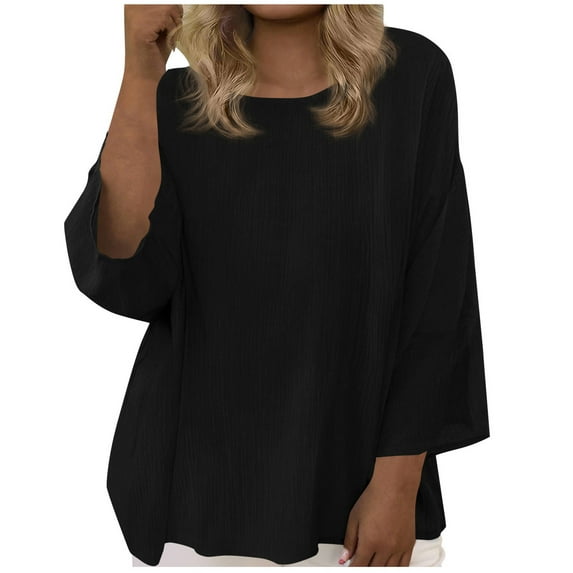 Womens Cotton Linen Summer Tops 3/4 Length Sleeve Tunic Blouses Crew Neck Gauze Boho Shirts Trendy Loose Fit Clothing 2026