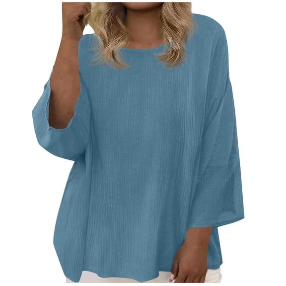 Womens Cotton Linen Summer Tops 3/4 Length Sleeve Tunic Blouses Crew Neck Gauze Boho Shirts Trendy Loose Fit Clothing 2026