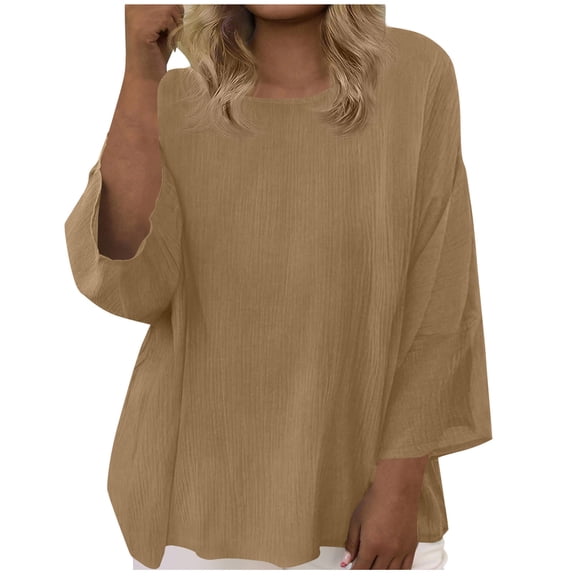Womens Cotton Linen Summer Tops 3/4 Length Sleeve Tunic Blouses Crew Neck Gauze Boho Shirts Trendy Loose Fit Clothing 2026