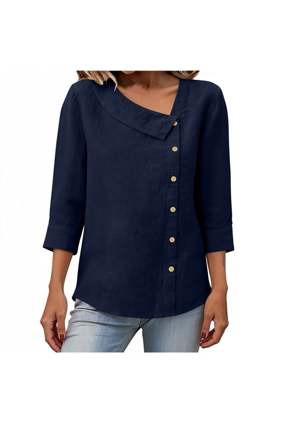 Womens Cotton Linen Summer Tops, 3/4 Sleeve Shirts for Women Fall Fashion Loose Fit Solid Color V Neck Dressy Blouses with Buttons Mothers&nbsp;Day&nbsp;Gifts