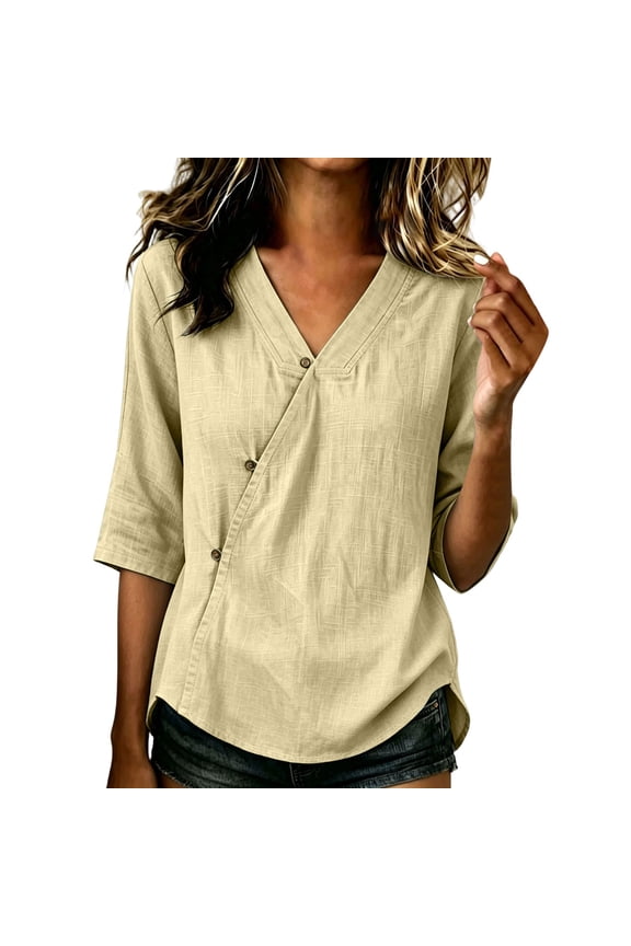 Womens Cotton Linen Summer Tops, 3/4 Sleeve Shirts for Women Casual Lightweight V Neck Dressy Blouses with Oblique Buttons Mothers Gifts
