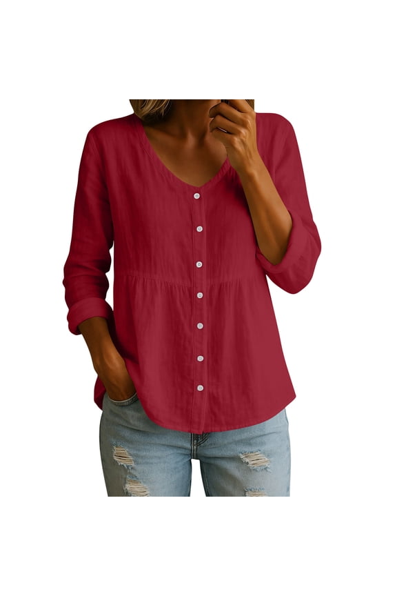 Womens Cotton Linen Summer Tops, 3/4 Sleeve Shirts for Women Fall Casual Lightweight Button Down V Neck Dressy Blouses