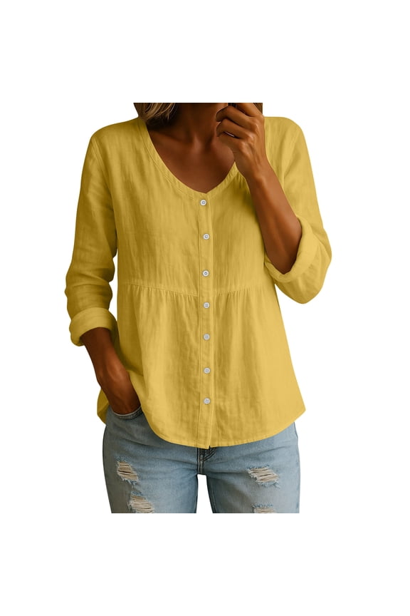Womens Cotton Linen Summer Tops, 3/4 Sleeve Shirts for Women Fall Casual Lightweight Button Down V Neck Dressy Blouses