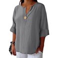 thumbnail image 1 of Womens Cotton Linen Summer Tops, 3/4 Sleeve Shirts for Women Fall Casual Loose Fit Solid Color Notch V Neck Dressy Blouses with Button, 1 of 6